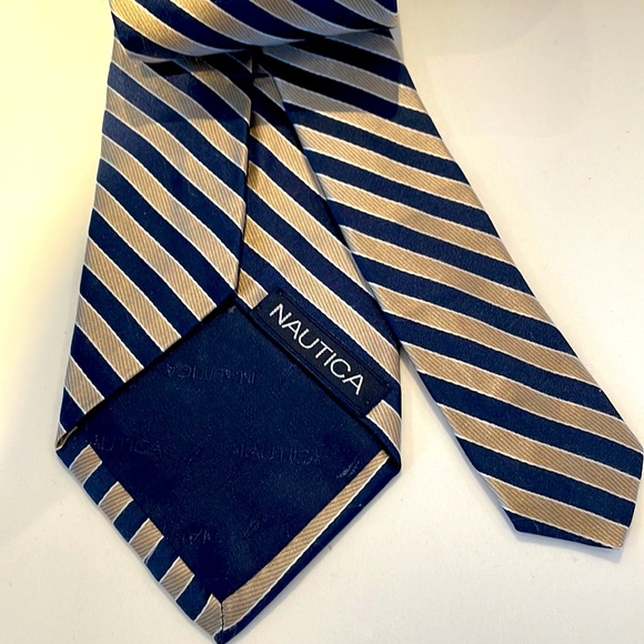 (2/$20) Nautica 100% Silk stripe tie (gold, navy, white) - Picture 2 of 6